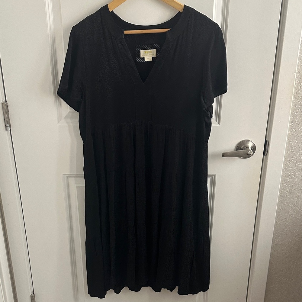 Maeve Black V-Neck Short Sleeve Mini Dress with Gathered Skirt